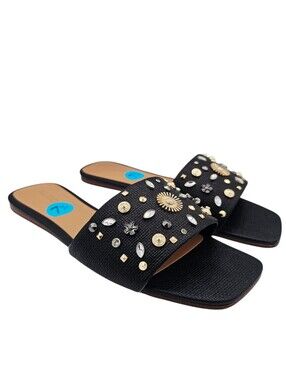 ALDO Itsandal Black Slide Sandals with Studded Rhinestones Embellishments NWOT